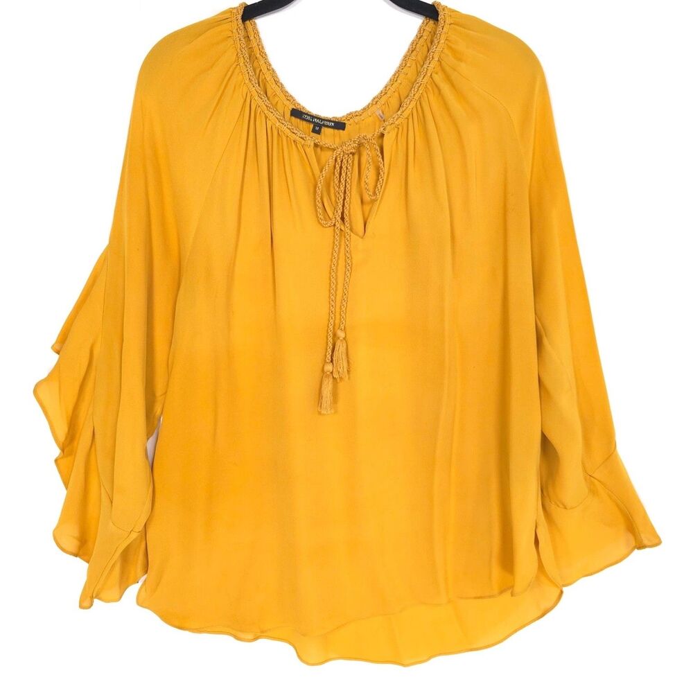 KOBI HALPERIN 100% SILK Top Blouse M Yellow Ruffle Sleeve Tie Nk Women KF8B46-18